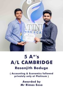 Cambridge A Level 5 A Stars Winner: Rasanjith Baduge
Lecturer: Mr. Rimas Eesa